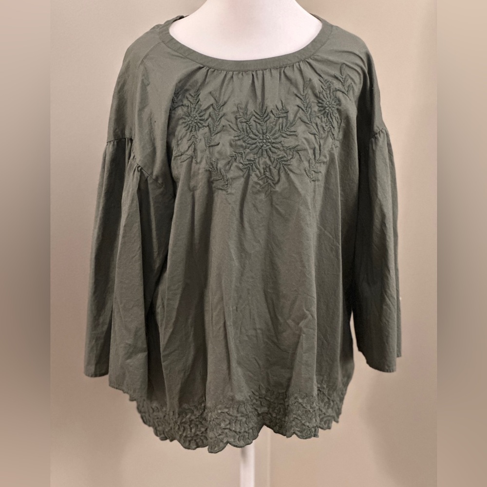 Uniqlo Olive Green Embroidered Women's Peasant Top, Sz M